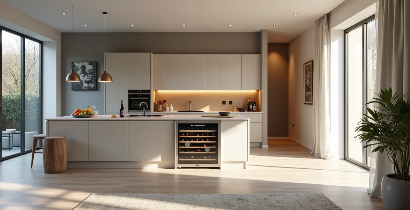 Cave à vin parfaitement intégrée dans une cuisine ouverte moderne avec éclairage d'ambiance