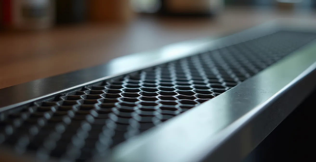 Gros plan sur la grille de ventilation frontale d'une cave à vin encastrable