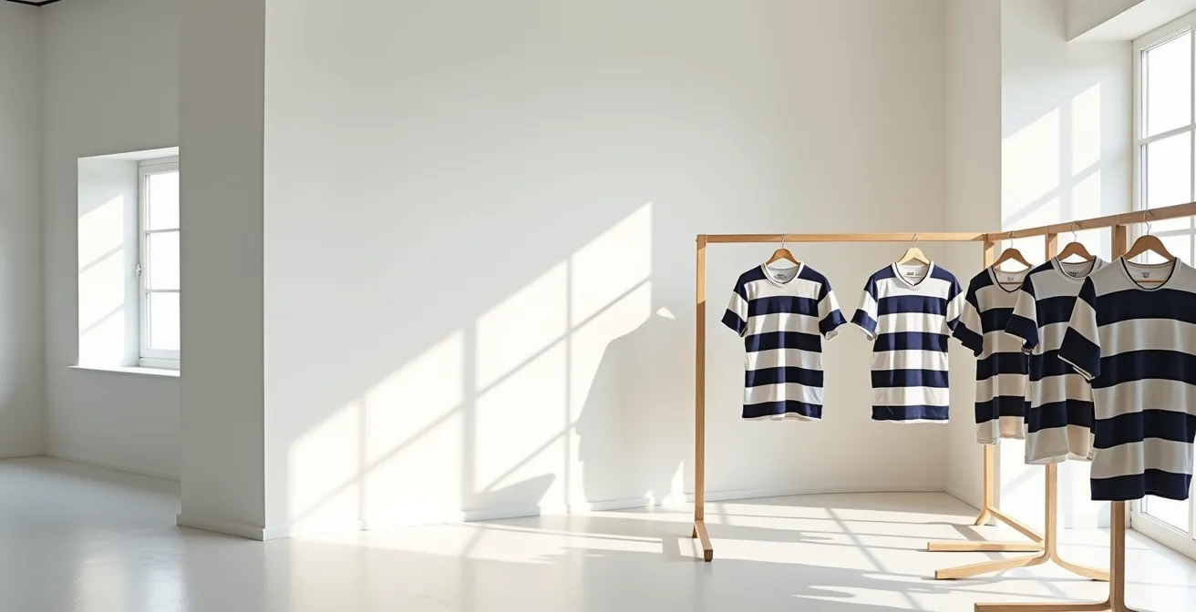 Vue large d'un espace de vente épuré avec des maillots rayés suspendus dans une lumière douce