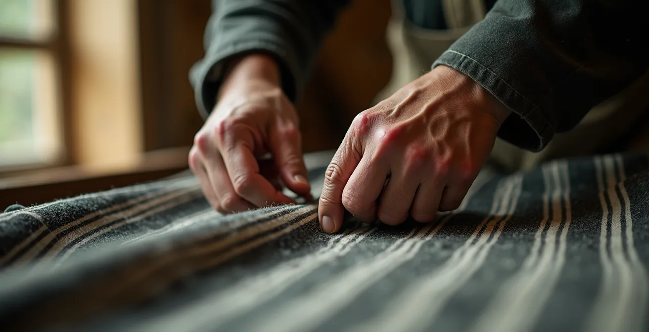 Gros plan sur des mains usées tenant délicatement un tissu rayé bleu et blanc