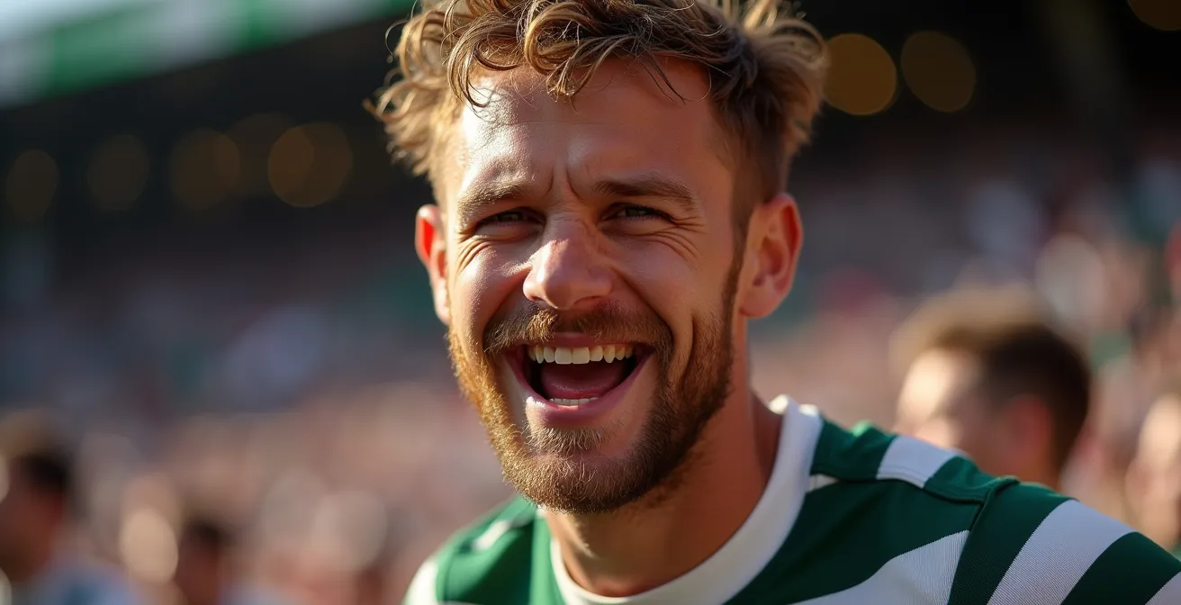 Portrait serré d'un supporter portant une marinière, visage expressif capturé dans l'émotion du match